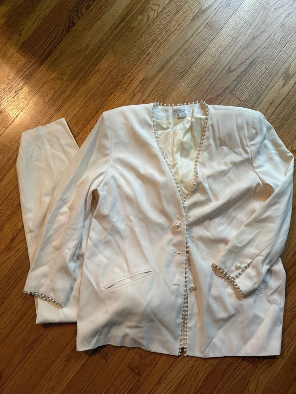 Vintage Elisabeth Liz Claiborne Pearl-Trim Ivory Women's Blazer and Pants Suit